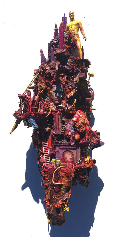 Red Tower - Paper Mache, 3D prints, found objects, paint